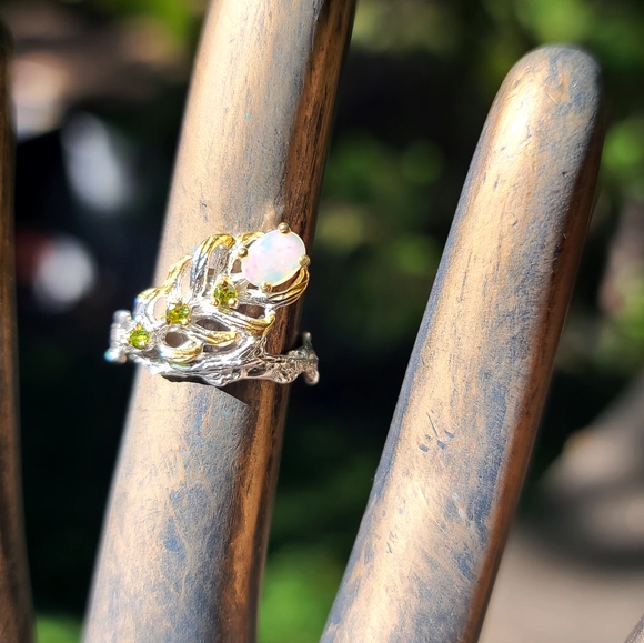 Natural Kharma by Avelon Jewelry - Opal & Peridot sterling & gold feather ring sz6.25